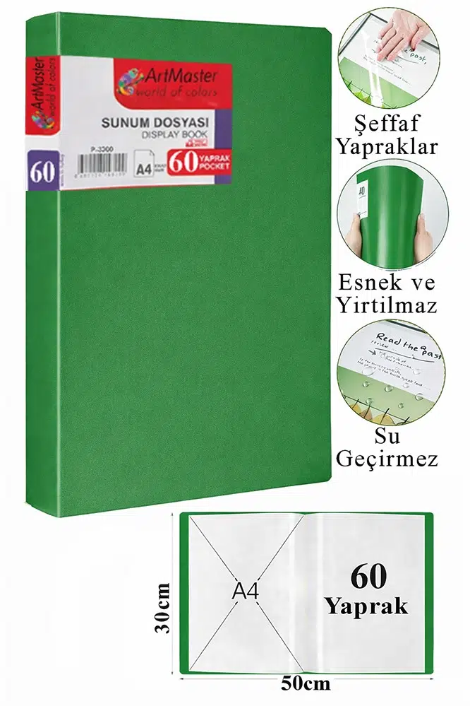 Sunum Dosyası 80 li 1 Paket Poşet Dosyalı Katalog Dosyası 80 Poşetli Kendinden Dosya Plastik Kapaklı - Yeşil