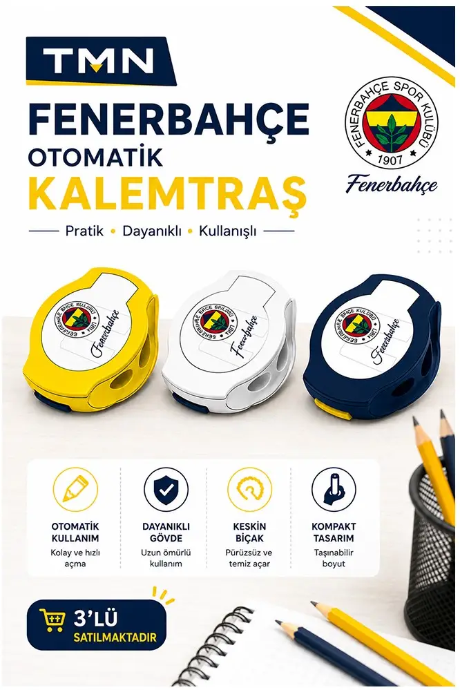 Fenerbahçe Kalemtıraş Lisanslı Orijinal 3 Adet FB Kanarya Fenerbahçe Kalemtraş 3 Renk Otomatik Kapak