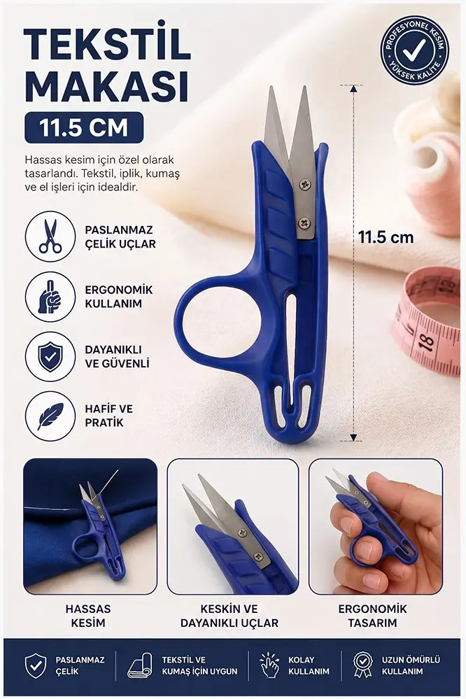 Tekstil (Çıt) İplik Temizleme Makası 1 Adet Starline Paslanmaz Çelik Keskin Terzi Dikiş Makası Olta Misina Makası - Mavi