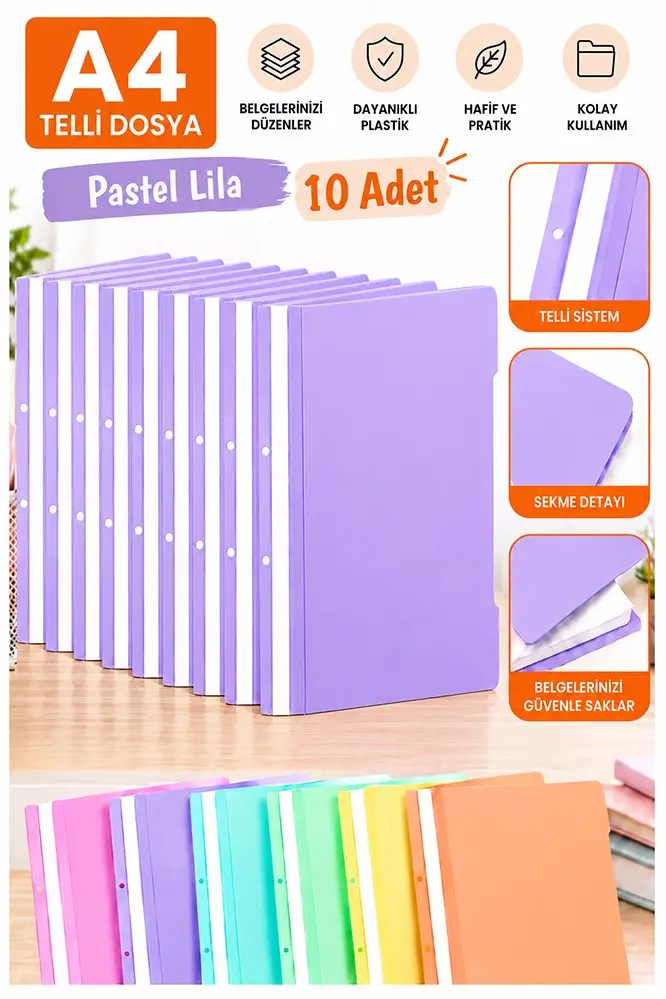 Telli Dosya Pastel Lila A4 10 Adet Ekonomik Kaliteli Plastik Telli Dosya Evrak Sunum Dosyası Renkli Ofis Büro Okul