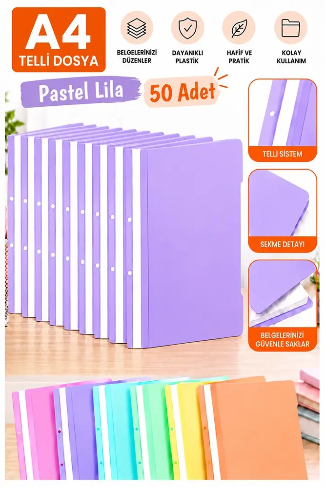 Telli Dosya Pastel Lila A4 50 Adet Ekonomik Kaliteli Plastik Telli Dosya Evrak Sunum Dosyası Renkli Ofis Büro Okul
