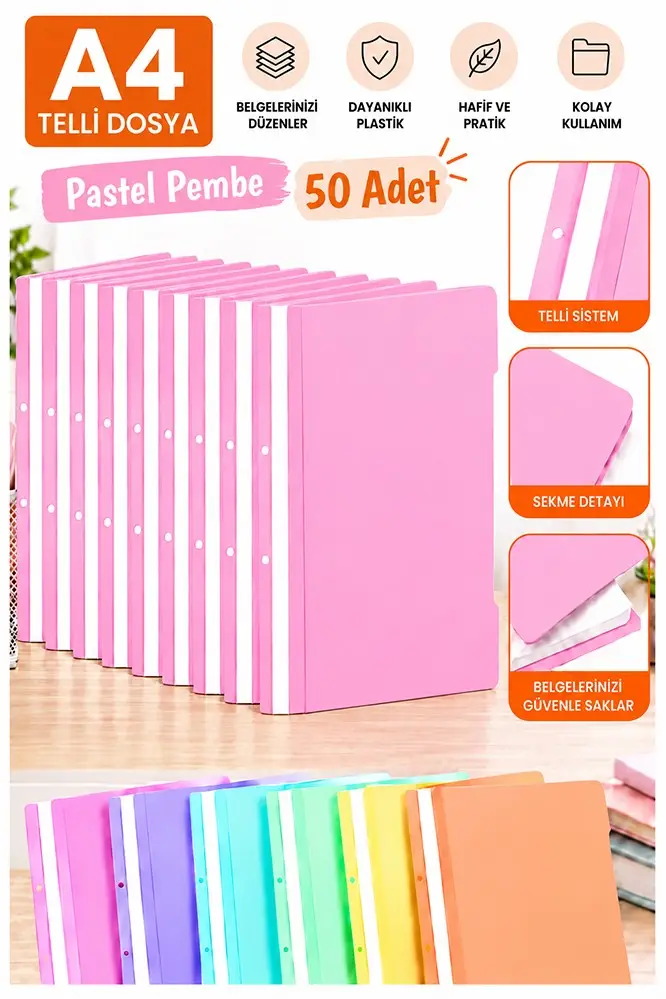 Telli Dosya Pastel Pembe A4 50 Adet Ekonomik Kaliteli Plastik Telli Dosya Evrak Sunum Dosyası Renkli Ofis Büro Okul
