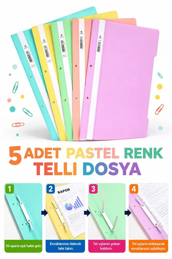 Telli Dosya Pastel Renk A4 5 Adet Ekonomik Kaliteli Plastik Telli Dosya Evrak Sunum Dosyası Renkli Ofis Büro Okul