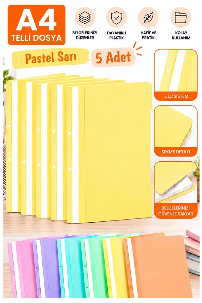 Telli Dosya Pastel Sarı A4 5 Adet Ekonomik Kaliteli Plastik Telli Dosya Evrak Sunum Dosyası Renkli Ofis Büro Okul