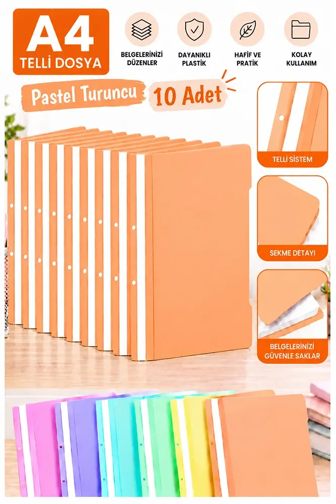 Telli Dosya Pastel Turuncu A4 10 Adet Ekonomik Kaliteli Plastik Telli Dosya Evrak Sunum Dosyası Renkli Ofis Büro Okul