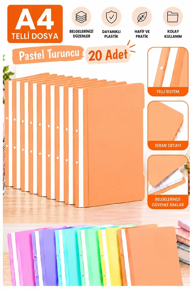 Telli Dosya Pastel Turuncu A4 20 Adet Ekonomik Kaliteli Plastik Telli Dosya Evrak Sunum Dosyası Renkli Ofis Büro Okul