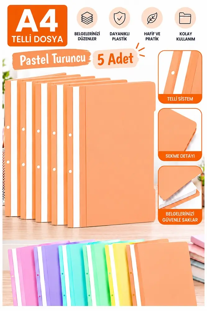 Telli Dosya Pastel Turuncu A4 5 Adet Ekonomik Kaliteli Plastik Telli Dosya Evrak Sunum Dosyası Renkli Ofis Büro Okul