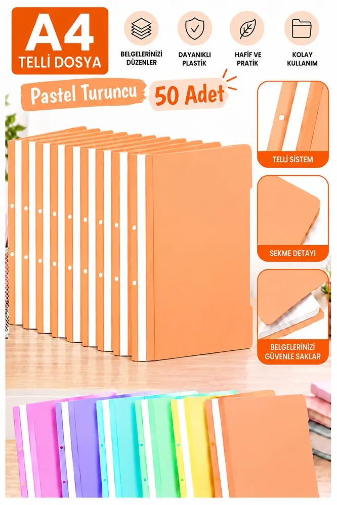 Telli Dosya Pastel Turuncu A4 50 Adet Ekonomik Kaliteli Plastik Telli Dosya Evrak Sunum Dosyası Renkli Ofis Büro Okul
