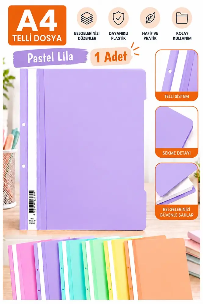 Telli Dosya Plastik A4 Pastel Renk 1 Adet Poşet Dosyalara Uyumlu Ekonomik Kaliteli Şeffaf Kapak Telli Dosya Okul Büro