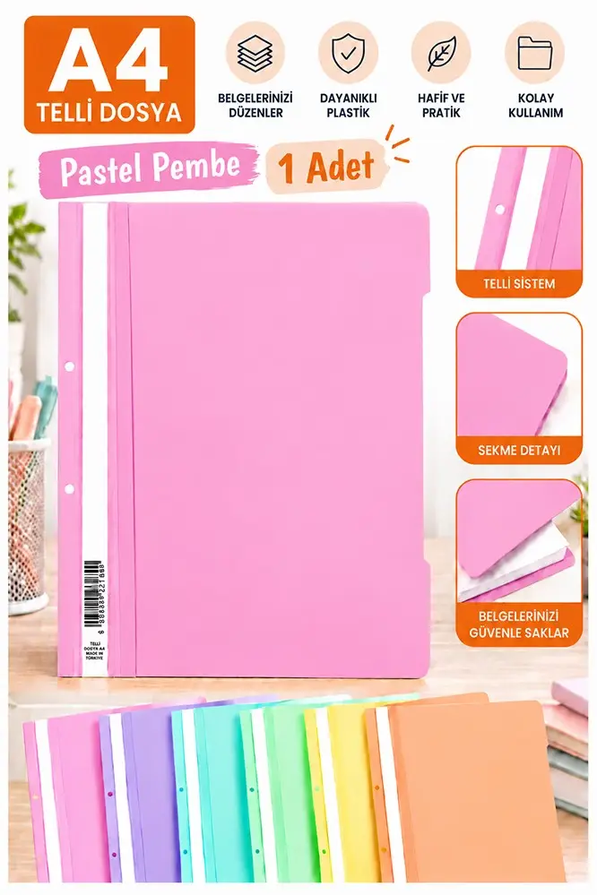 Telli Dosya Plastik A4 Pastel Renk 1 Adet Poşet Dosyalara Uyumlu Ekonomik Kaliteli Şeffaf Kapak Telli Dosya Okul Büro - Pembe