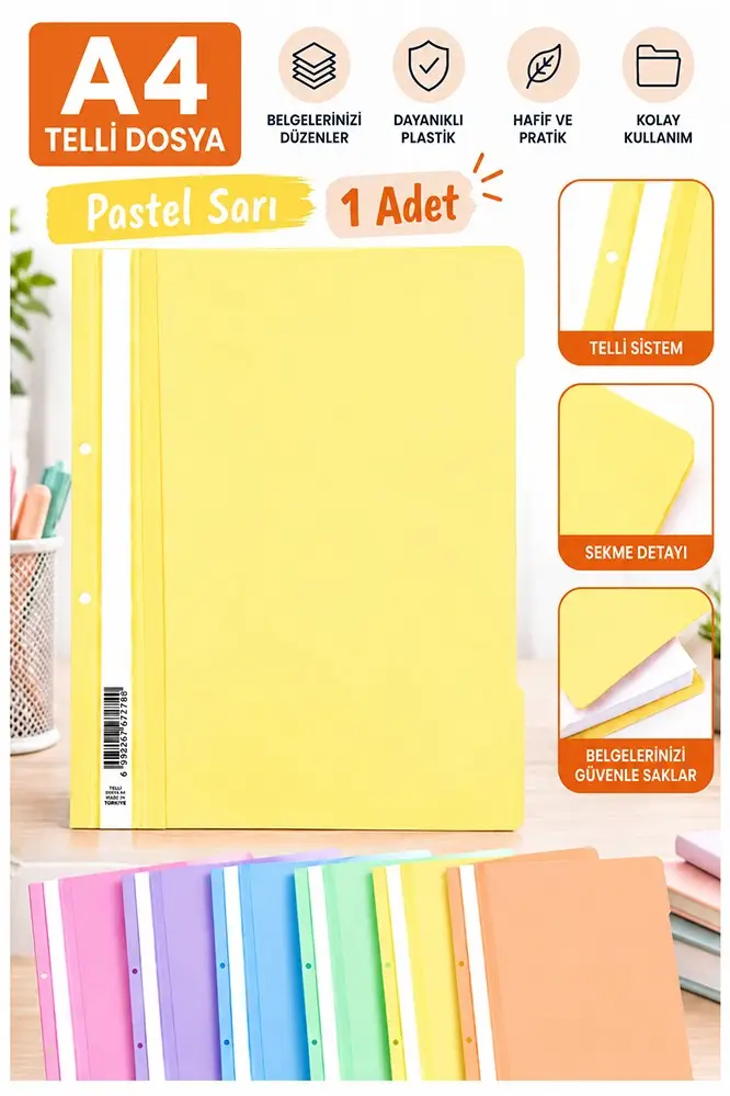 Telli Dosya Plastik A4 Pastel Renk 1 Adet Poşet Dosyalara Uyumlu Ekonomik Kaliteli Şeffaf Kapak Telli Dosya Okul Büro - Sarı