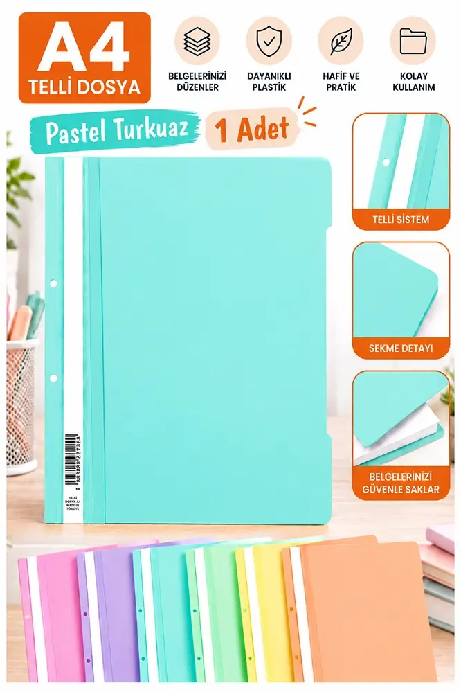 Telli Dosya Plastik A4 Pastel Renk 1 Adet Poşet Dosyalara Uyumlu Ekonomik Kaliteli Şeffaf Kapak Telli Dosya Okul Büro - Turkuaz