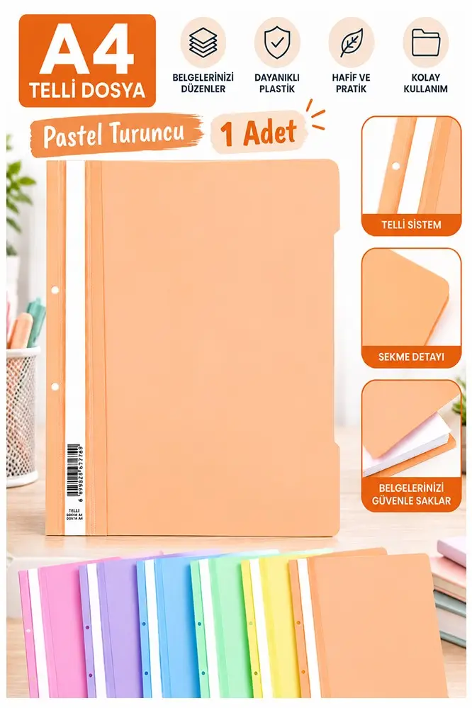 Telli Dosya Plastik A4 Pastel Renk 1 Adet Poşet Dosyalara Uyumlu Ekonomik Kaliteli Şeffaf Kapak Telli Dosya Okul Büro - Turuncu