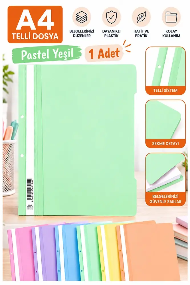 Telli Dosya Plastik A4 Pastel Renk 1 Adet Poşet Dosyalara Uyumlu Ekonomik Kaliteli Şeffaf Kapak Telli Dosya Okul Büro - Yeşil