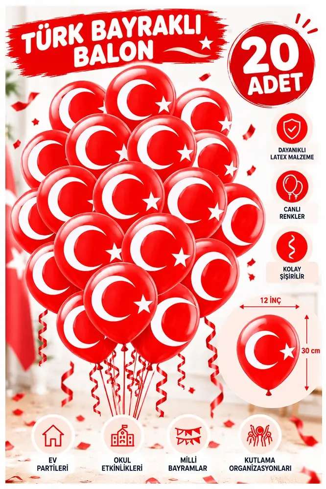 Türk Bayraklı Balon 20 Adet Ay Yıldızlı Balon Süsleme 29 Ekim 23 Nisan Kırmızı Beyaz Balon Bayrak Balon Bayram