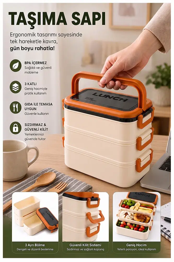 Turuncu Beslenme Kutusu 3 Bölmeli 1 Adet 3 Bölmeli Beslenme Kabı Yemek Saklama Kabı Taşınabilir Lunch Box Okul