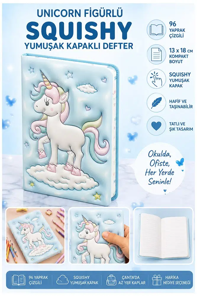 Unicorn Yumuşak Kapaklı Defter 96 Yaprak 13x18cm 1 Adet DF-1318 Sukuşi Çizgili Defter Hediyelik Sevimli Defter - Mavi