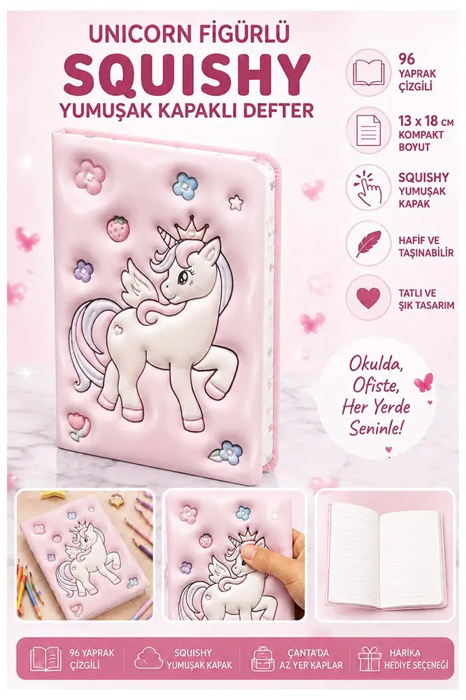 Unicorn Yumuşak Kapaklı Defter 96 Yaprak 13x18cm 1 Adet DF-1318 Sukuşi Çizgili Defter Hediyelik Sevimli Defter - Pembe