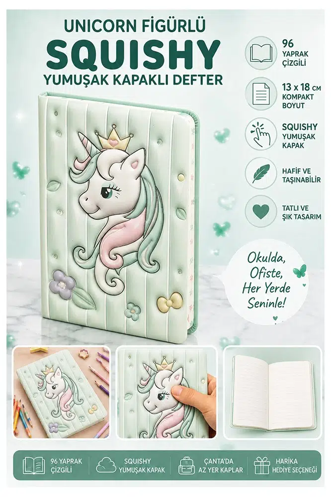 Unicorn Yumuşak Kapaklı Defter 96 Yaprak 13x18cm 1 Adet DF-1318 Sukuşi Çizgili Defter Hediyelik Sevimli Defter - Yeşil