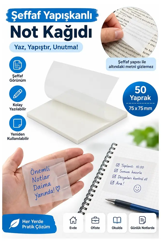 Yapışkanlı Şeffaf Not Kağıdı 50 Yaprak 1 Paket Kare Transparan Postit 75x75 mm Yarı Saydam İşaretleyici Aydınger Not
