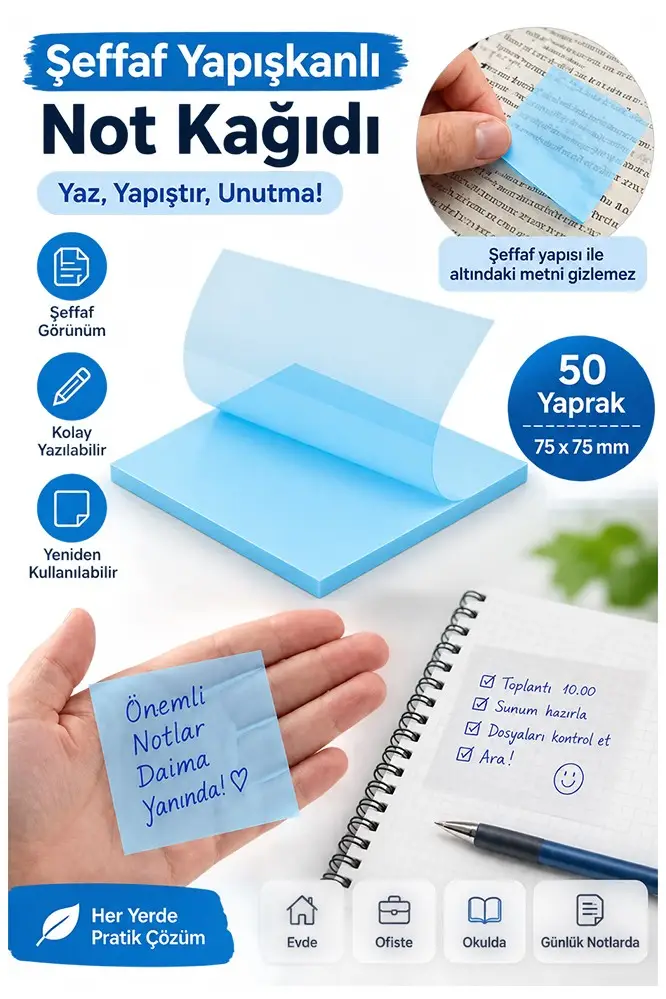 Yapışkanlı Şeffaf Not Kağıdı 50 Yaprak 1 Paket Kare Transparan Postit 75x75 mm Yarı Saydam İşaretleyici Aydınger Not - Mavi