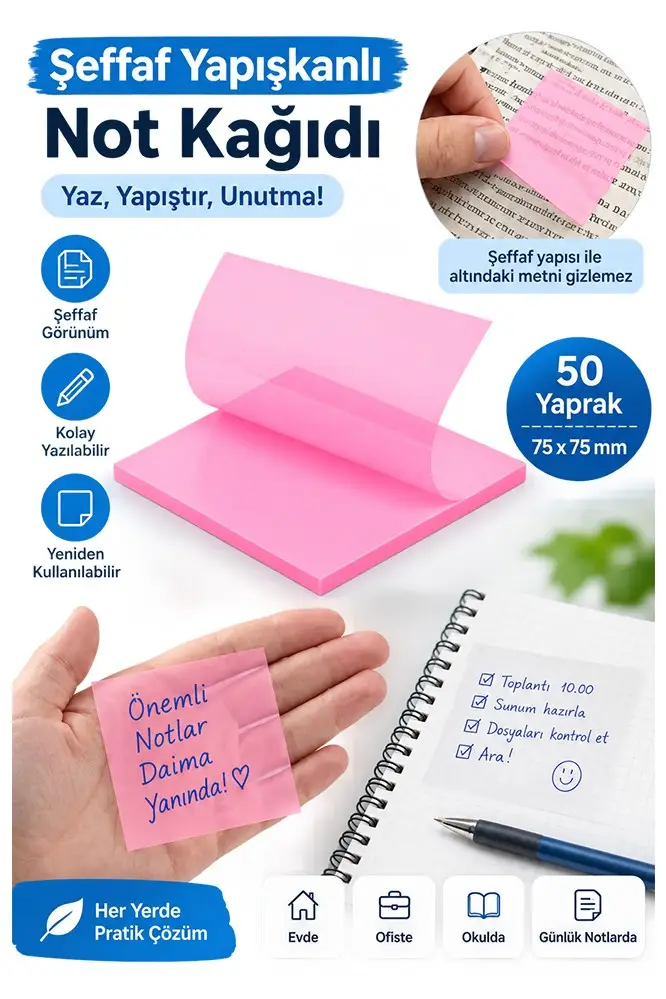 Yapışkanlı Şeffaf Not Kağıdı 50 Yaprak 1 Paket Kare Transparan Postit 75x75 mm Yarı Saydam İşaretleyici Aydınger Not - Pembe