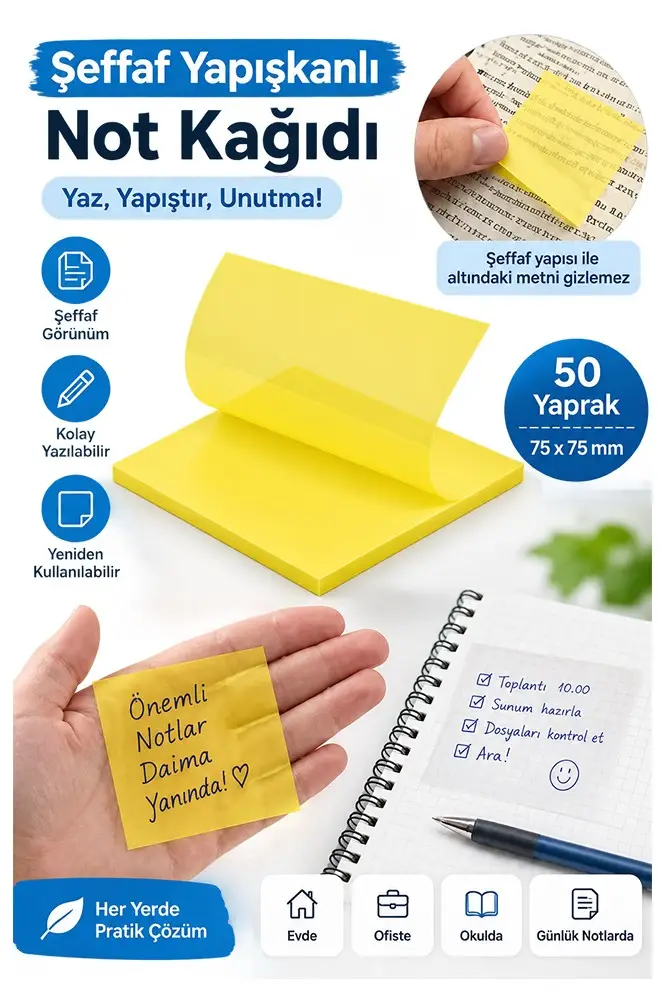 Yapışkanlı Şeffaf Not Kağıdı 50 Yaprak 1 Paket Kare Transparan Postit 75x75 mm Yarı Saydam İşaretleyici Aydınger Not - Sarı