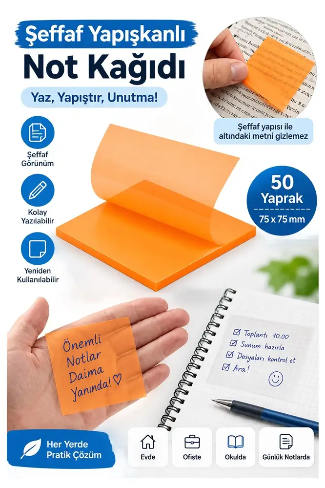 Yapışkanlı Şeffaf Not Kağıdı 50 Yaprak 1 Paket Kare Transparan Postit 75x75 mm Yarı Saydam İşaretleyici Aydınger Not - Turuncu