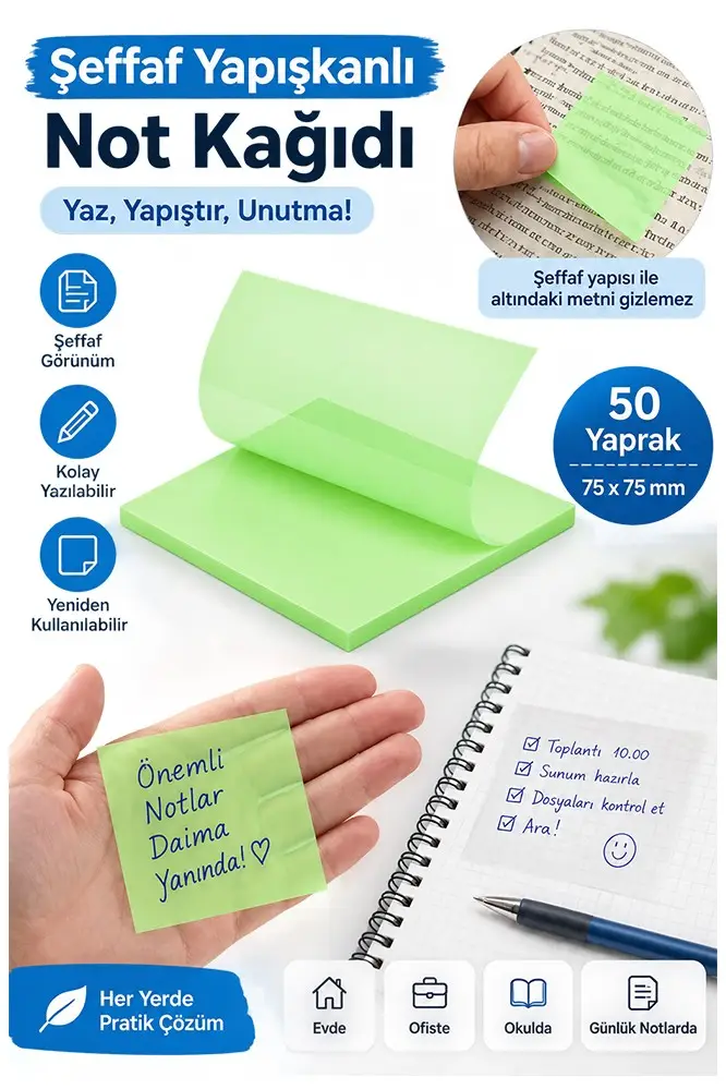Yapışkanlı Şeffaf Not Kağıdı 50 Yaprak 1 Paket Kare Transparan Postit 75x75 mm Yarı Saydam İşaretleyici Aydınger Not - Yeşil