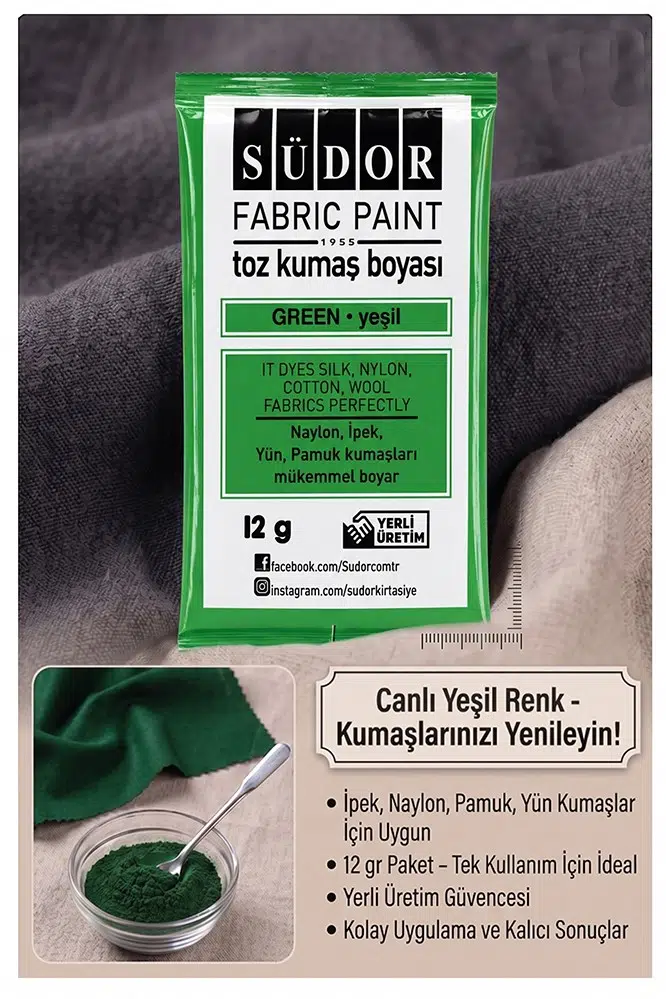 Yeşil Kumaş Boyası Toz 12 gr 1 Adet Südor Toz Kumaş Boyası Kot Pantalon Gömlek Tişört Tekstil Kumaş Boyası 1 Adet