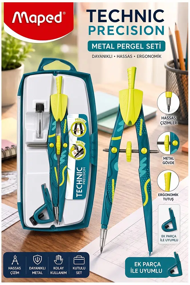 Yeşil Metal Pergel Seti 3 Parça 1 Adet Maped Technic 291013 Precision Profesyonel Pergel Çizim Matematik Geometri Mimari