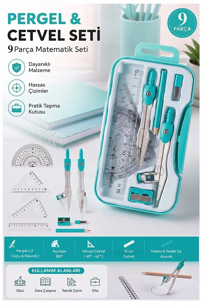 Yeşil Metal Pergel Seti 9 Parça 1 Paket 9121 Profesyonel Pergel Çizim Proje Matematik Mimar Mühendis Çizim Seti Cetvel
