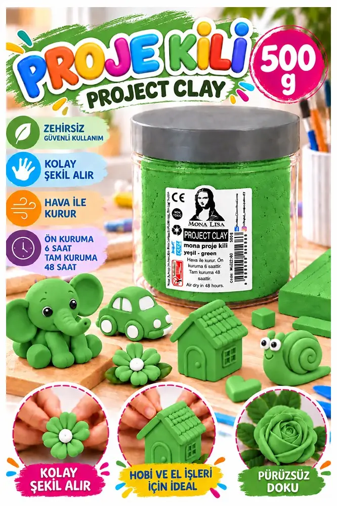 Yeşil Proje Kili 500gr 1 Adet Monalisa Renkli Proje Hamuru Hobi Heykel Seramik Modelleme Hava İle Kuruyan